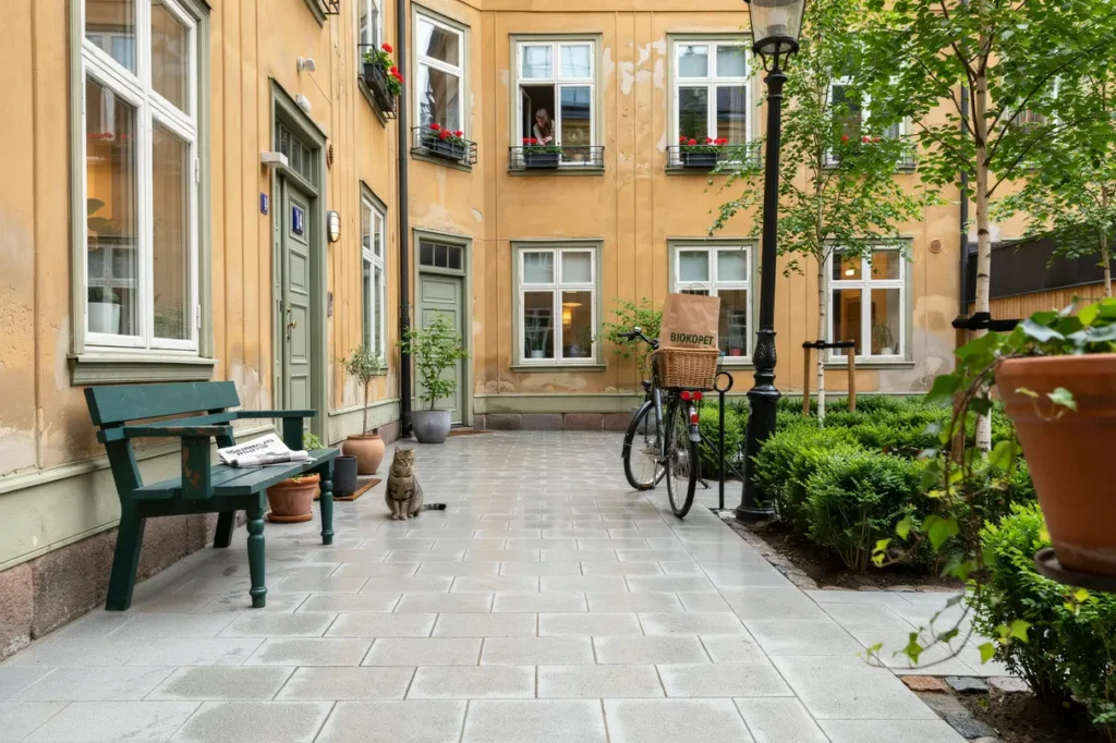 upprustning av innerg rd med ny stenl ggning och planteringar i s dermalm
